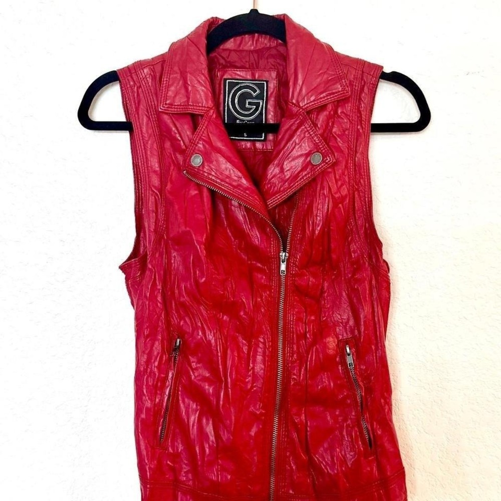 Vintage Guess Red Moto Vest Y2K Faux Leather Biker Vest Zip Front‎ S